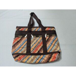 Retro LeSportsac Stripe Everyday Tote Handbag Purse + Make-up Bag‎  Brown Orange